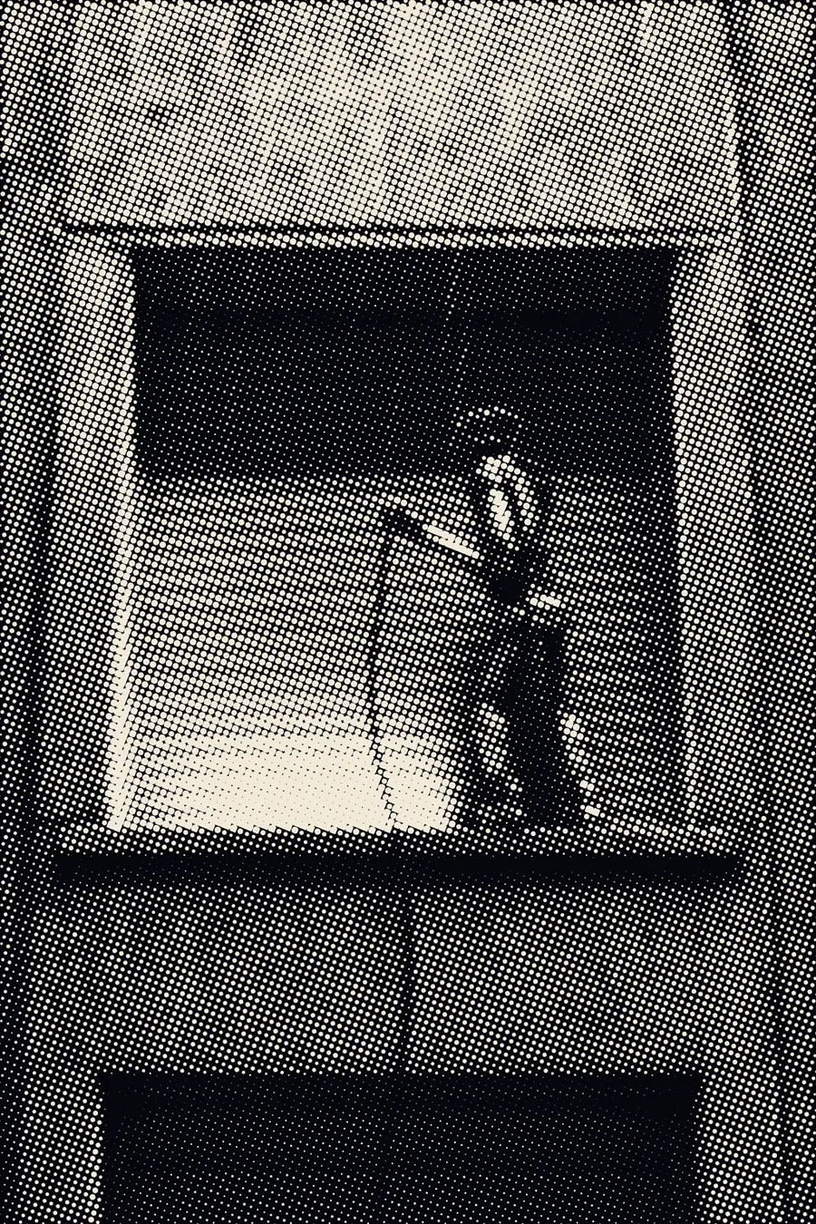 Halftone print: a maintenance robot with a blank visor stands on the ledge of a window whose metal shutter is rolled all the way down.